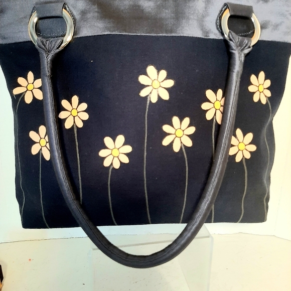 JAKS Hand painted Daisies on Navy Blue Canvas and Satin Handbag - Picture 1 of 5